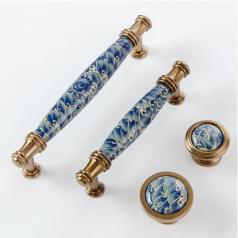 Furniture Hardware Vintage - Moderner Vintage-Keramikgriff in Blau mit Wellenmuster